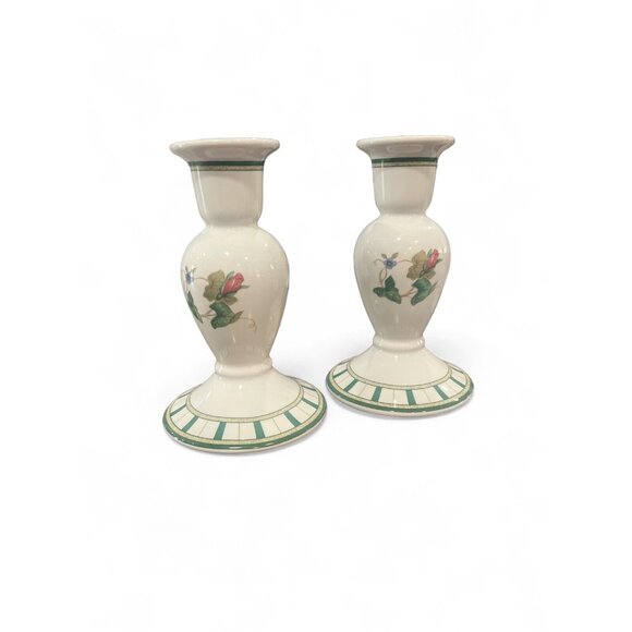Lenox Summer Terrace Set of 2 Candle holders Green Floral 5” Tall - Picture 1 of 8